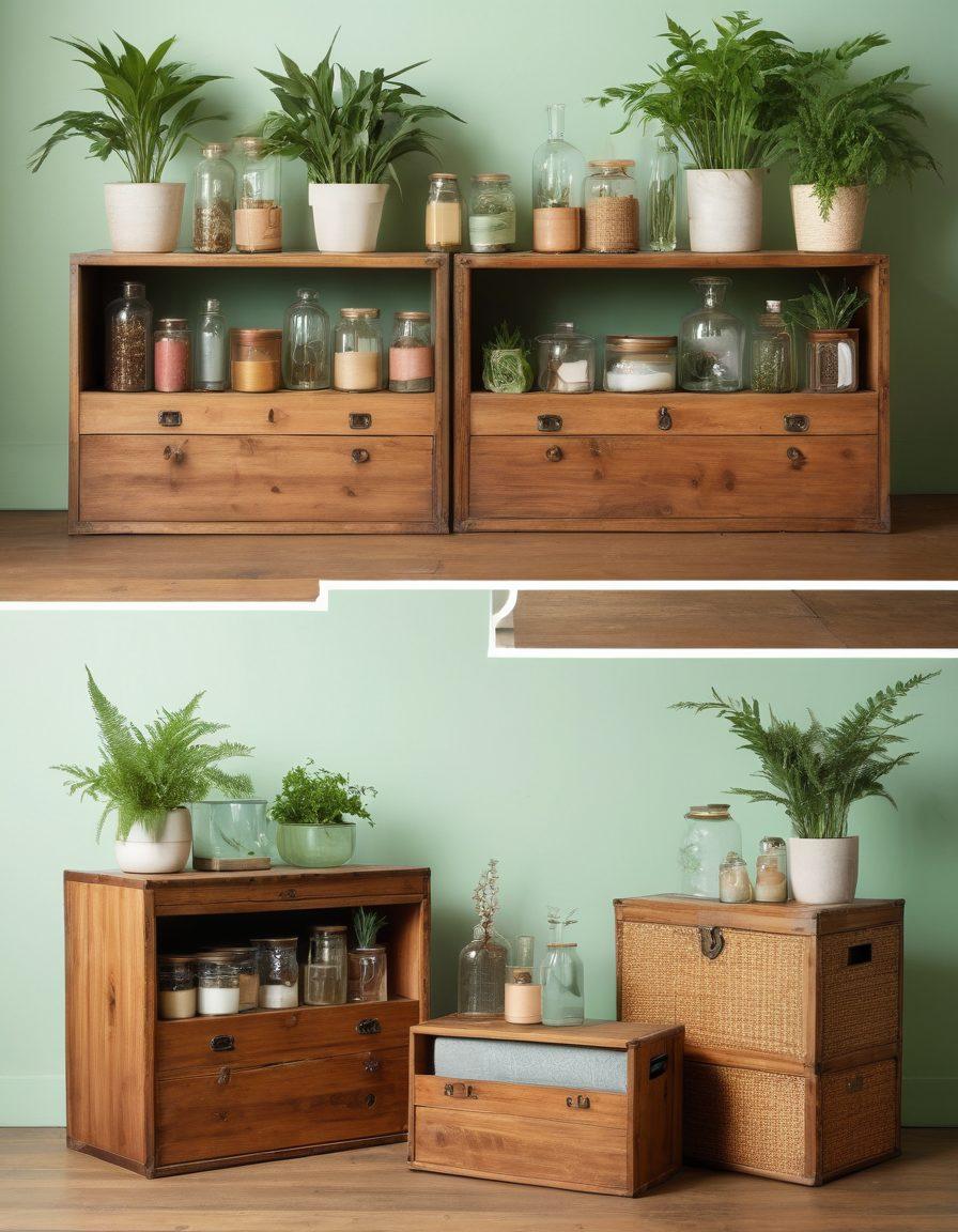 A dynamic collage showcasing the evolution from vintage storage solutions like ornate wooden chests and retro boxes to sleek minimalist designs featuring clear containers and elegant shelving. Include eco-friendly options like bamboo organizers and recycled fabric bins adorned with greenery. The background should have soft pastel tones to highlight the contrast between the two styles. super-realistic. vibrant colors.
