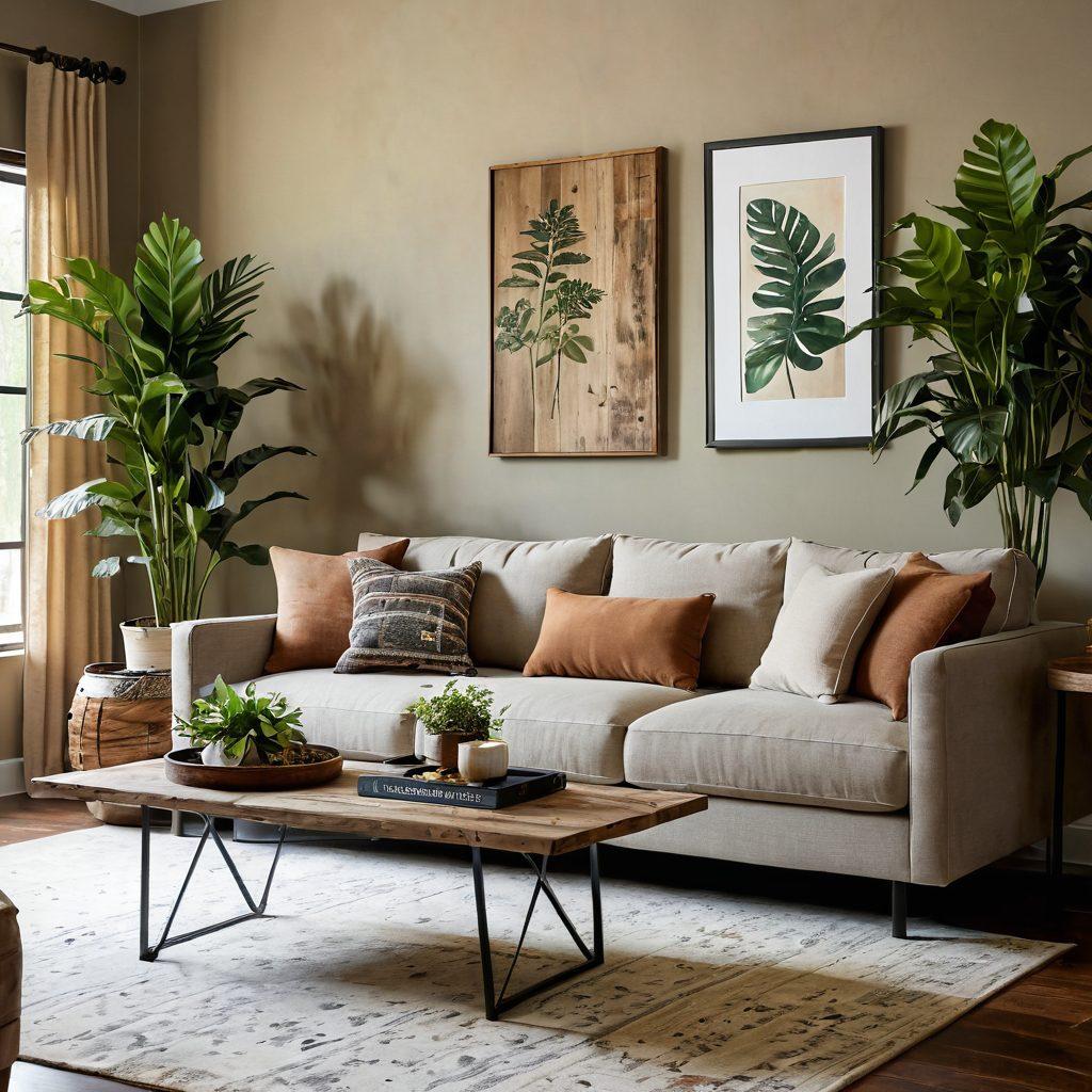 A beautifully styled living room featuring a blend of contemporary and rustic decor elements, such as a sleek modern sofa paired with vintage wooden coffee tables and rustic wall art. Soft natural lighting illuminates the space, with plants adding a touch of greenery. The color palette should include warm earthy tones mixed with chic modern accents. super-realistic. vibrant colors. cozy atmosphere.